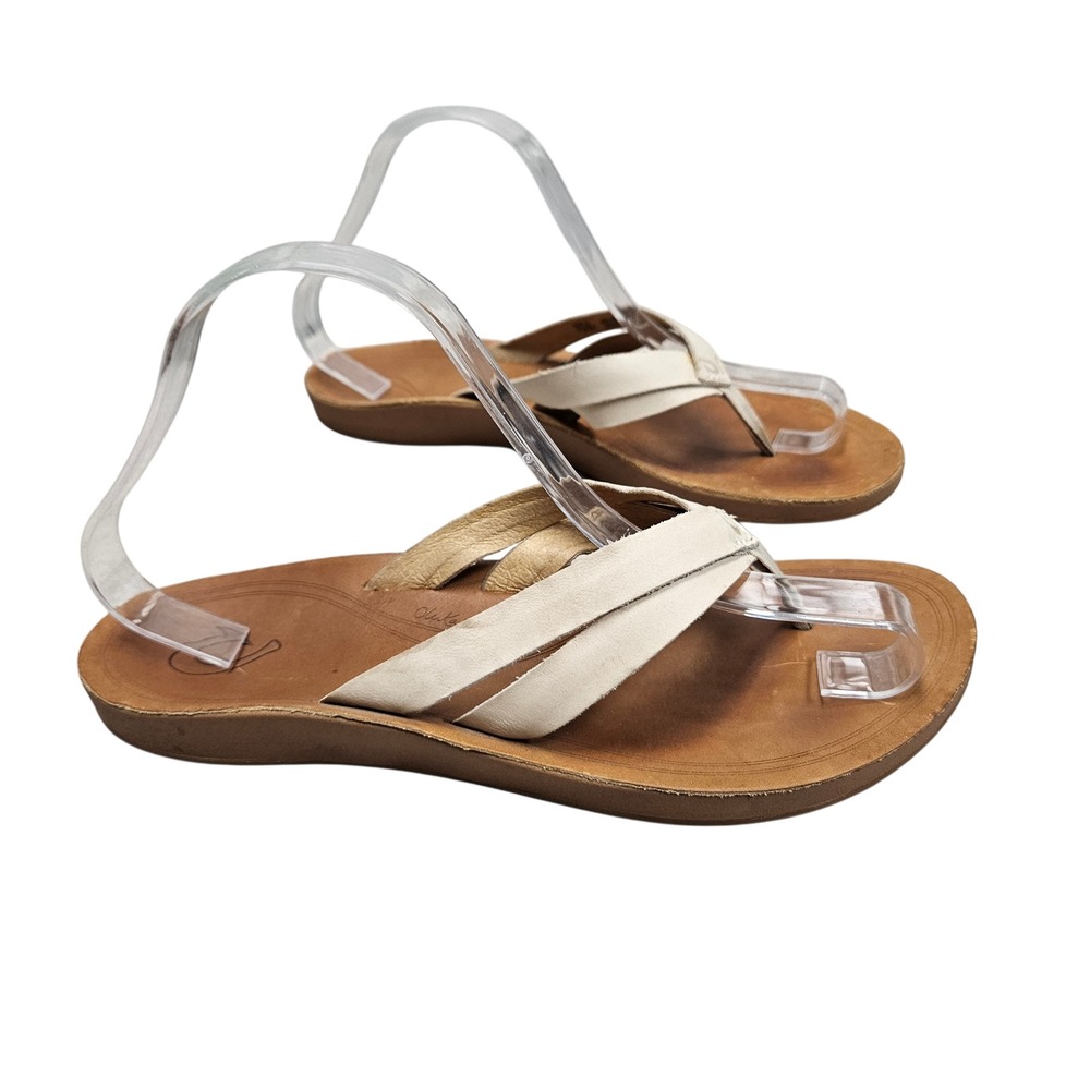OluKai KAEKAE W Leather Flip Flops Sandals White Tan‎ Women's Wide US 9 EUR 39